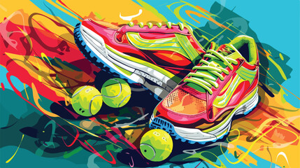 Sportive shoes and tennis balls on color background vector
