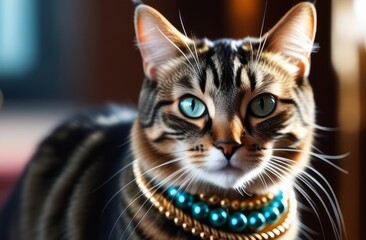 Naklejka premium A beautiful cat with beads around her neck.