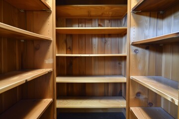 Empty wooden pantry shelves with a warm brown finish, ready for storage or organization.