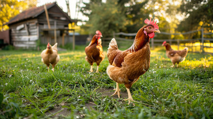 Fototapeta premium Free-Range Chickens Roaming in a Natural Farm Setting