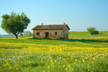 Obraz premium Picturesque Farmhouse Amidst Vibrant Flowering Fields 