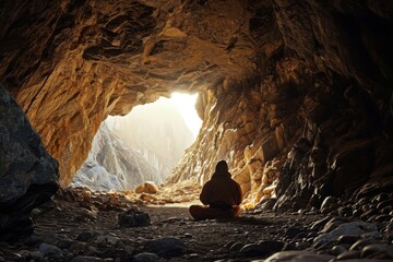 A  peaceful life in the quiet isolation of a mountain cave, AI generated