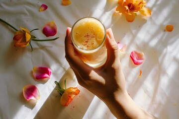Hand holding a glass of yellow beverage over a white surface adorned with colorful flower petals.