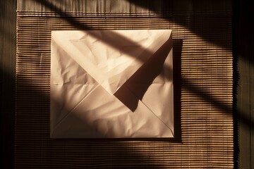 A crumpled envelope on a bamboo mat, partially illuminated by sunlight casting shadows, creating a...