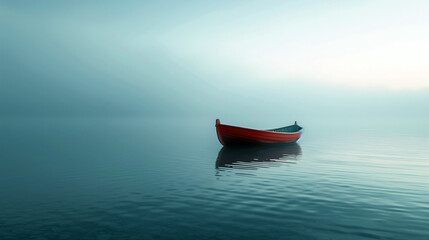 A red boat is floating on a calm lake