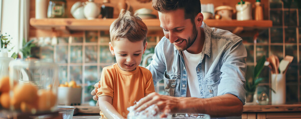 Father and son washing dishes together on domestic kitchen. Family and parenting concept. - Powered by Adobe