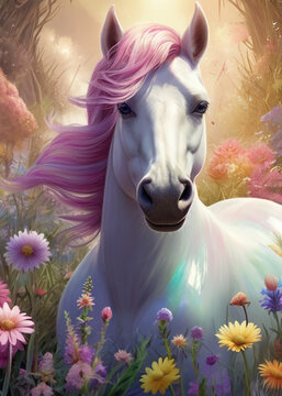 In a whimsically enchanting magical landscape a dazzling dreamlike rainbow horse gallops in a meadow of pastel-hued flowers