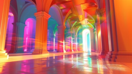 3D render of a vibrant, futuristic temple showcasing theological architecture in a surreal, neondrenched style