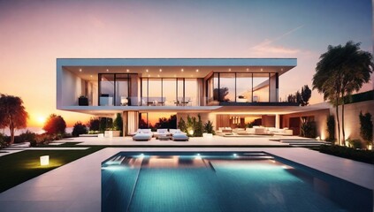 Modern luxury house with backyard and swimming pool at sunset
