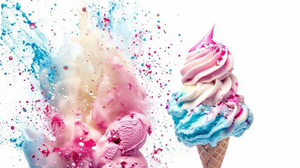 Ice cream scoop ball with fruits toppings on white background cutout. Delicious ice cream isolated on white background.