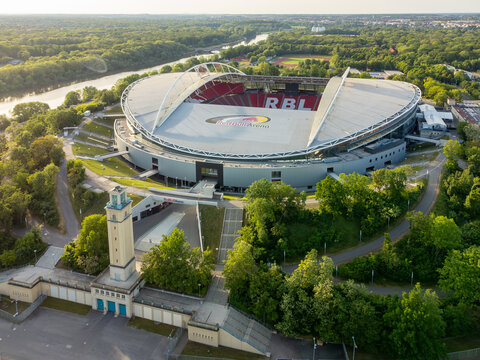 Leipzig, Germany - May 09, 2024: Aerial view of the  Red Bull Arena in Leipzig