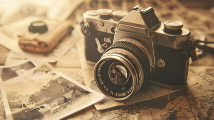 Conceptual image of nostalgia with a vintage camera projecting scenes of the past, sepia tones