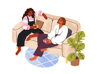 Happy women friends chatting, sitting on sofa with tea cups. Girlfriends at cozy teatime at home, talking, speaking, drinking coffee on couch. Flat vector illustration isolated on white background