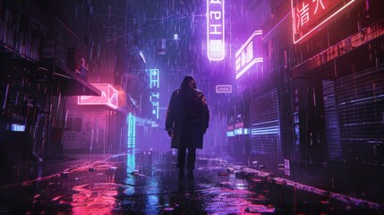 Cyberpunk of a dystopian future affected by climate financial crises, in a dark, cyberpunk style with neon lights