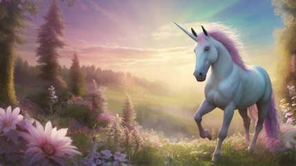 Obraz na płótnie Canvas In a whimsically enchanting magical landscape a dazzling dreamlike rainbow unicorn gallops in a meadow of pastel-hued flowers