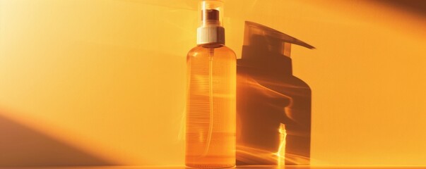 Protect from sunlight, UVA and UVB hair spray, comprehensive sun protection, hair protection, spray bottle, side view, shielded hair, futuristic tone, Analogous Color Scheme