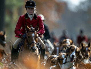 traditional fox hunting with traditional clothing in England on horseback with dogs over hill and dale