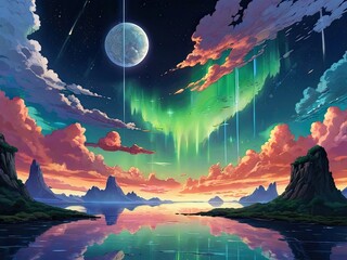 A fiery sunset paints the sky above majestic mountains reflected in a still lake