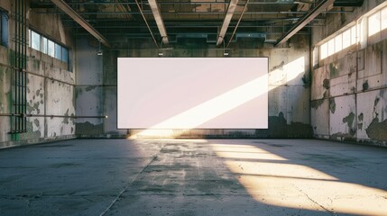 large white blank screen in a empty concrete interior. empty industrial room with a large blank...