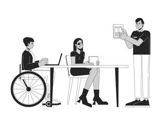 Diverse colleagues in office black and white 2D line cartoon characters. Supporting employees with disabilities at work isolated vector outline people. Corporate monochromatic flat spot illustration