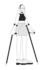 Confident woman with crutches black and white 2D line cartoon character. European female using aid in walking isolated vector outline person. Injury recovering monochromatic flat spot illustration