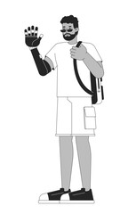 African american man waving prosthetic hand black and white 2D line cartoon character. Black male with disability isolated vector outline person. Inclusion support monochromatic flat spot illustration