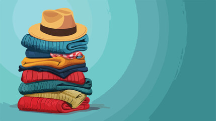 Stack of stylish clothes with hat on color background