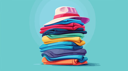 Stack of stylish clothes with hat on color background