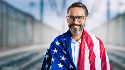 Ethic man with American flag dropped over his shoulders wearing eyeglass and a big smile