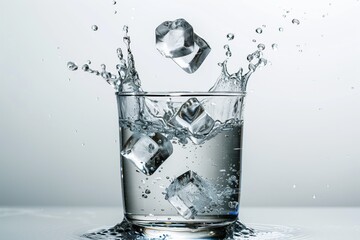 Ice cubes splashing into a glass of water, creating dynamic water splashes and bubbles against a plain background.