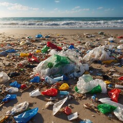 Environmental pollution on a public beach. Representation of sea pollution Generative AI.