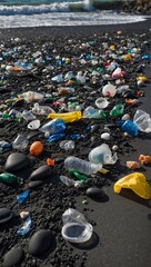 Environmental pollution on a public beach. Representation of sea pollution Generative AI.