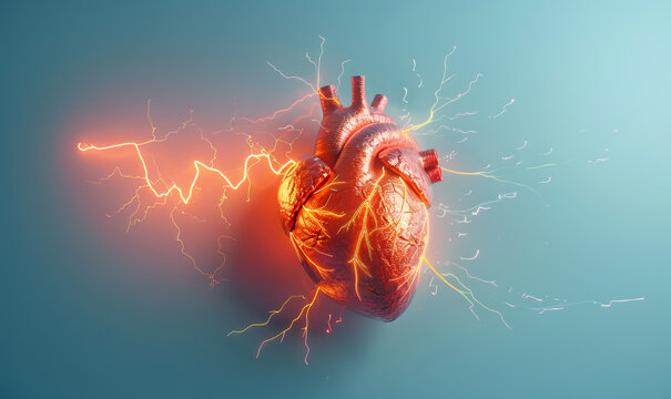 Red pulse line and lightning bolts adorn heart shape against light blue backdrop