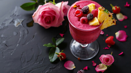a glass of vivid colorful fruit smoothie  in a dark environment