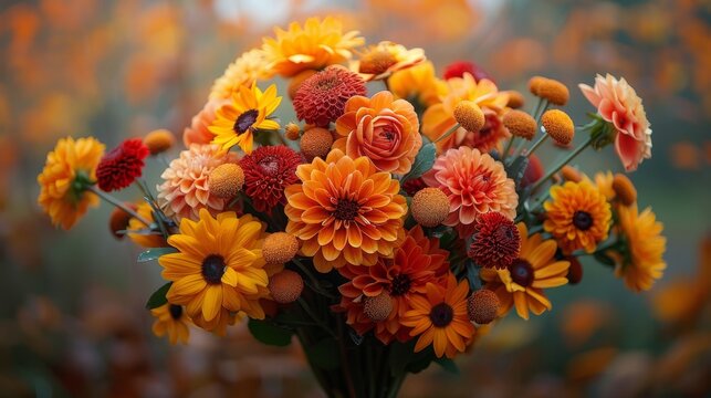 seasonal flower arrangements, gorgeous fall bouquet with sunflowers, marigolds, and dahlias represents autumns vibrant colors