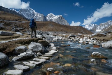 Fototapeta premium A trekker with a backpack and hiking poles crossing a mountain stream on a stone path, surrounded by snow-capped peaks and rugged terrain.
