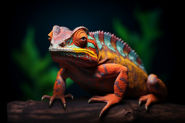 Obraz premium A colorful chameleon sitting on top of an oak tree branch, with its vibrant colors contrasting against the dark background. 