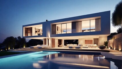 External view of a contemporary house with pool at dusk
