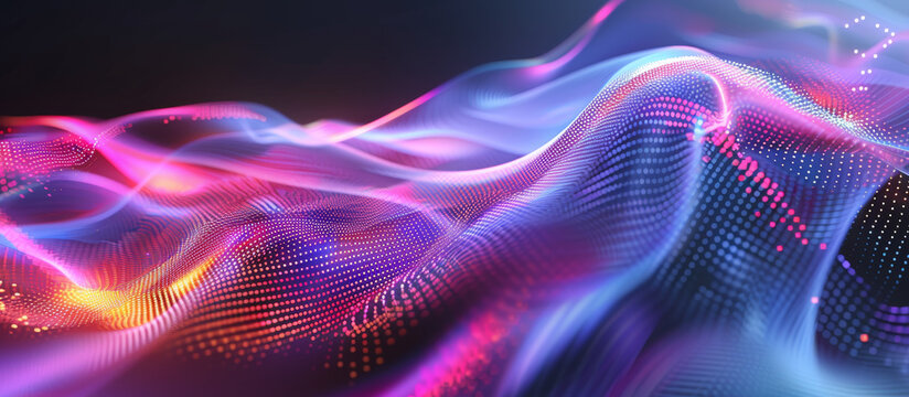 A colorful, abstract image of a wave with dots of different colors