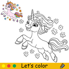 Kids coloring with cute dreaming unicorn with flowers vector © alinart