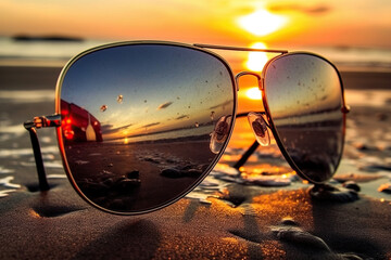 Sunglasses on the beach at sunset. Ai Generative