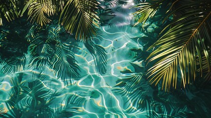 the shadows of lush palm leaves cast across a shimmering water surface, symbolizing tranquil beach days.