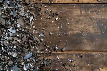 Close-up of scattered metal scrap pieces on a rustic wooden surface, showcasing industrial waste and recycling material.