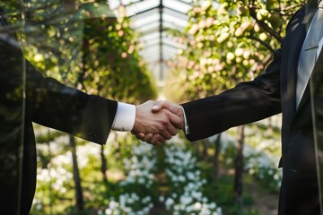 Two individuals in formal attire shaking hands in a greenhouse filled with blooming plants, symbolizing business agreement or partnership.