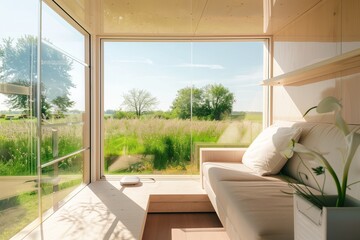 Modern tiny house interior with large windows showcasing a scenic view of a field with trees. Cozy couch and indoor plants in a wooden, minimalist setting.