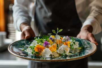 Close-up of a chef presenting a gourmet dish with fresh edible flowers and delicate garnishes on a green ceramic plate.