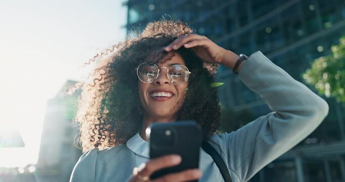 Business, woman and laugh with phone in city for funny text message, social media meme or comic notification. Entrepreneur, person or happy with communication on smartphone with wind in urban town.
