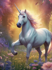 Naklejka premium In a whimsically enchanting magical landscape a dazzling dreamlike rainbow unicorn gallops in a meadow of pastel-hued flowers
