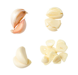 Top view set of fresh peeled and unpeeled pounded garlic cloves with slices in stack isolated on...