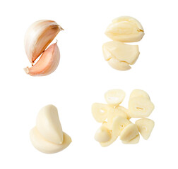Top view set of fresh peeled and unpeeled pounded garlic cloves with slices in stack isolated on white background with clipping path